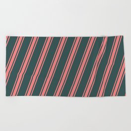 [ Thumbnail: Dark Slate Gray & Light Coral Colored Stripes Pattern Beach Towel ]