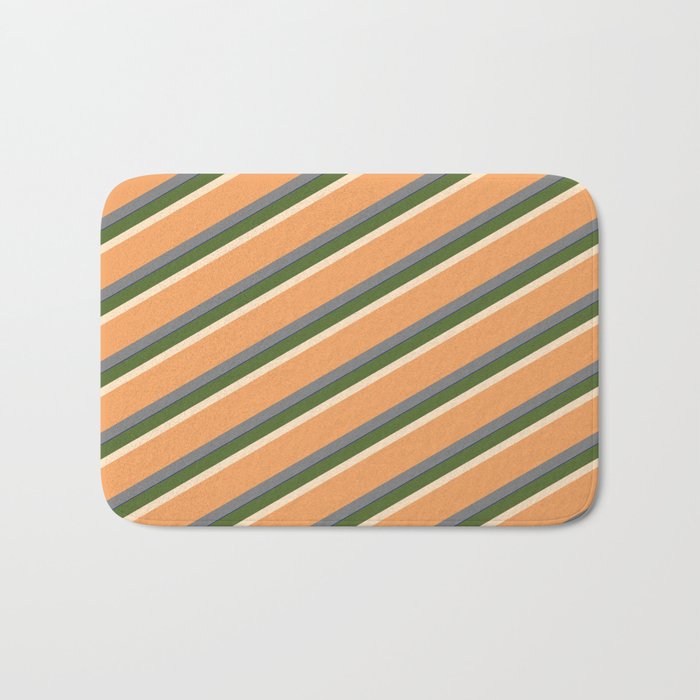 Vibrant Dark Olive Green, Bisque, Brown, Gray, and Dark Blue Colored Striped Pattern Bath Mat