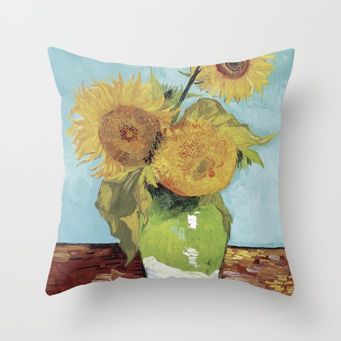 Vase with Three Sunflowers - Still Life, Vincent van Gogh Throw Pillow