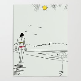 woman and flamingo on the beach Poster