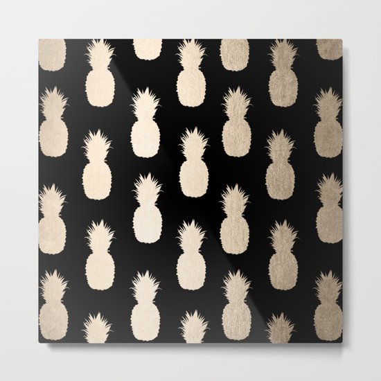 Gold Pineapples Pattern Black Metal Print
