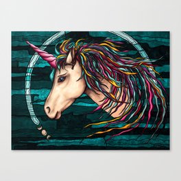 Rainbow unicorn painting, legendary creature on teal background Canvas Print