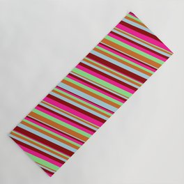 [ Thumbnail: Eye-catching Deep Pink, Light Green, Chocolate, Light Blue & Dark Red Colored Lines/Stripes Pattern Yoga Mat ]