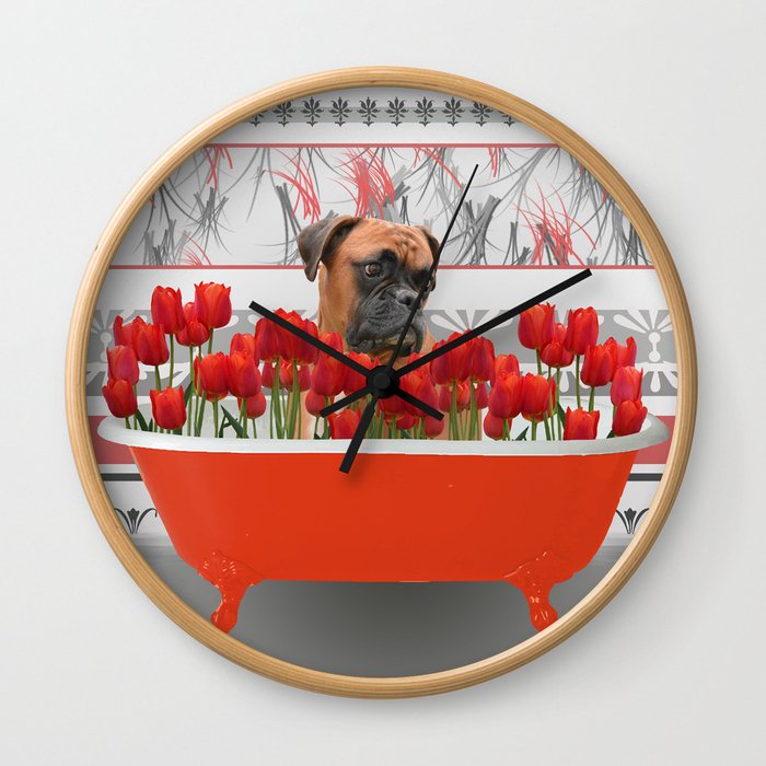 Boxer dog in red Bathtub with Tulips #society6 Wall Clock