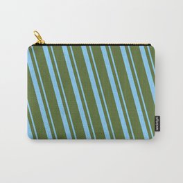 [ Thumbnail: Light Sky Blue and Dark Olive Green Colored Lined/Striped Pattern Carry-All Pouch ]