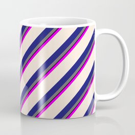 [ Thumbnail: Colorful Fuchsia, Beige, Midnight Blue, Dim Gray & Black Colored Lines/Stripes Pattern Coffee Mug ]