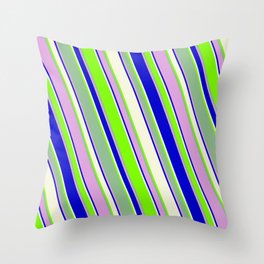 [ Thumbnail: Vibrant Blue, Beige, Green, Dark Sea Green, and Plum Colored Pattern of Stripes Throw Pillow ]