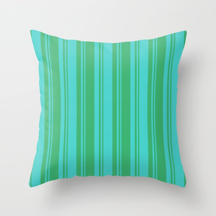 Turquoise and Sea Green Colored Lined Pattern Throw Pillow