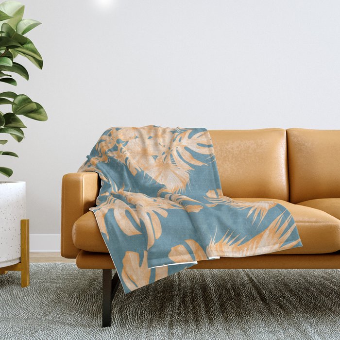 Hawaiian Hibiscus Palm Orange Teal Blue Throw Blanket