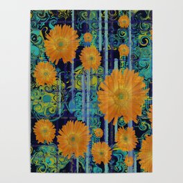 Orange Wildflower Pinstripe Paisley  Poster