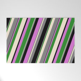 [ Thumbnail: Vibrant Beige, Gray, Black, Orchid & Forest Green Colored Stripes Pattern Welcome Mat ]