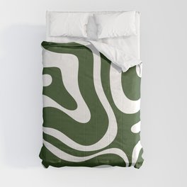 Retro Modern Liquid Swirl Abstract Pattern in Deep Green and White Comforter