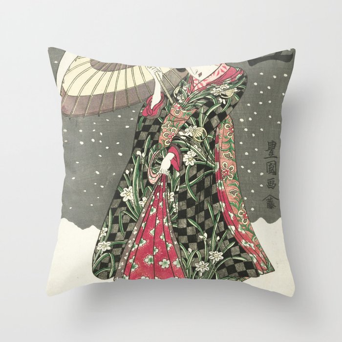 Snow - Japanese Color Woodblock Print Throw Pillow