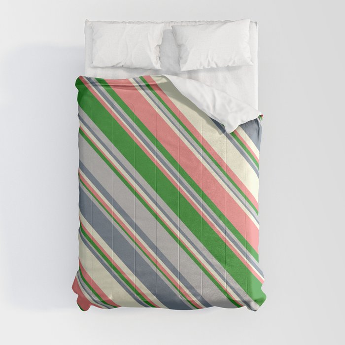 Eye-catching Beige, Light Coral, Forest Green, Grey, and Slate Gray Colored Lined/Striped Pattern Comforter