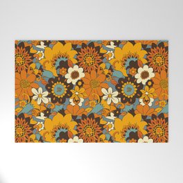 70s Retro Flower Power 60s floral Pattern Orange yellow Blue Welcome Mat