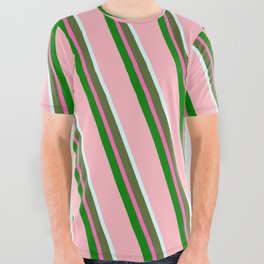 [ Thumbnail: Eyecatching Light Pink, Light Cyan, Dark Olive Green, Hot Pink & Green Colored Striped Pattern All Over Graphic Tee ]
