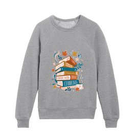 In life as in books dance with fairies, ride a unicorn, swim with mermaids, chase rainbows motivational quote // coral rose background yellow orange and blue books Kids Crewneck