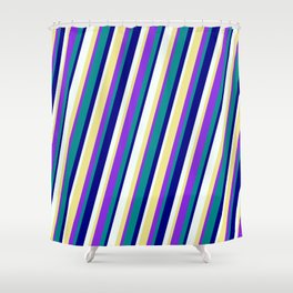 [ Thumbnail: Eyecatching Mint Cream, Tan, Purple, Dark Cyan, and Blue Colored Stripes/Lines Pattern Shower Curtain ]