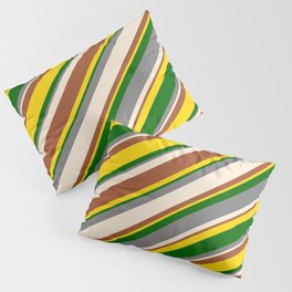 [ Thumbnail: Eye-catching Gray, Beige, Sienna, Yellow, and Dark Green Colored Lines/Stripes Pattern Pillow Sham ]