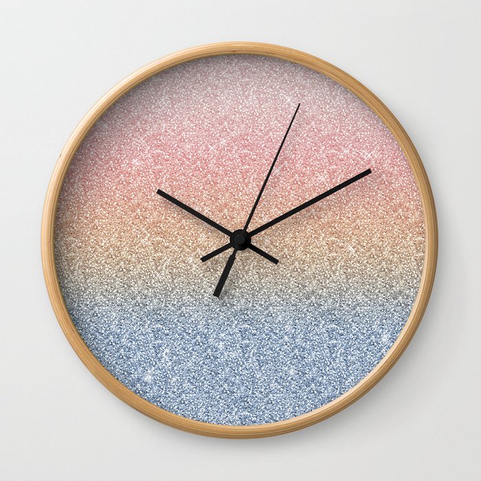 Girly Blush Rose Gold Blue Ombre Glitter Sparkles Wall Clock