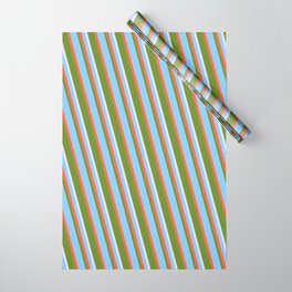 [ Thumbnail: Light Sky Blue, Red, Green & Lavender Colored Lined Pattern Wrapping Paper ]