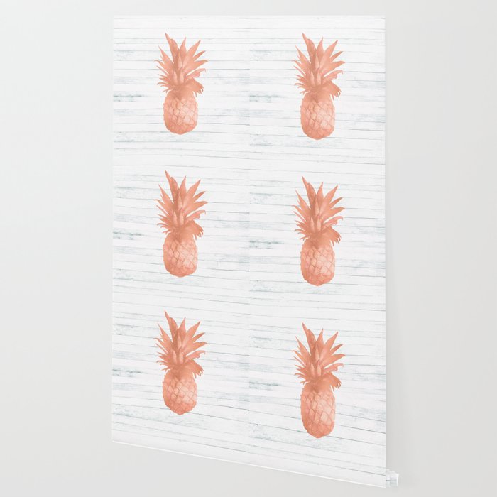 Rose Gold Pineapple On Wood Nautical Decor Wallpaper By