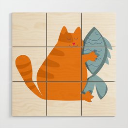 Chonk cat and fish Wood Wall Art