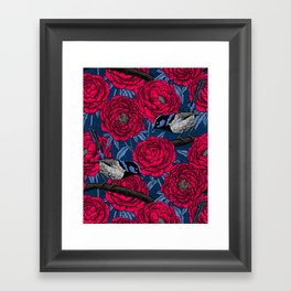 Wrens in the peonies Framed Art Print