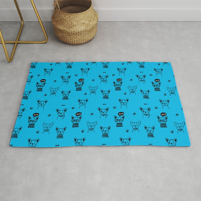 Turquoise and Black Hand Drawn Dog Puppy Pattern Rug