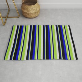 [ Thumbnail: Light Grey, Green, Blue & Black Colored Lined Pattern Rug ]