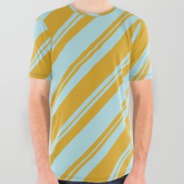 [ Thumbnail: Powder Blue and Goldenrod Colored Lined/Striped Pattern All Over Graphic Tee ]