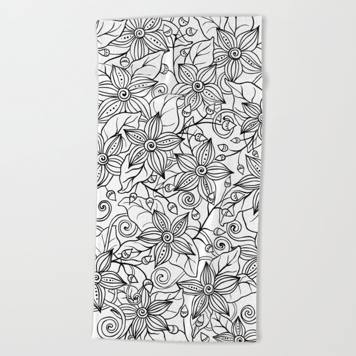 Modern black white hand drawn floral Beach Towel by Pink Water Society6