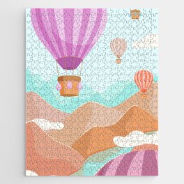 Multicolored hot air balloons over the river and montains Jigsaw Puzzle