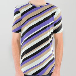 [ Thumbnail: Black, Slate Blue, Tan, and Mint Cream Colored Stripes Pattern All Over Graphic Tee ]