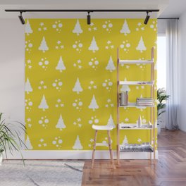 White Snow Balls And Christmas Tree Yellow Print Pattern Wall Mural