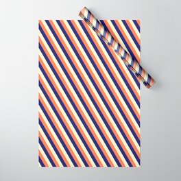 [ Thumbnail: Coral, Midnight Blue & Light Yellow Colored Lined/Striped Pattern Wrapping Paper ]