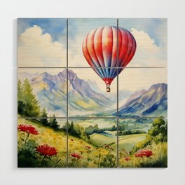 Hot Air Balloon Flying over Mountains - Watercolor Landscape Wood Wall Art