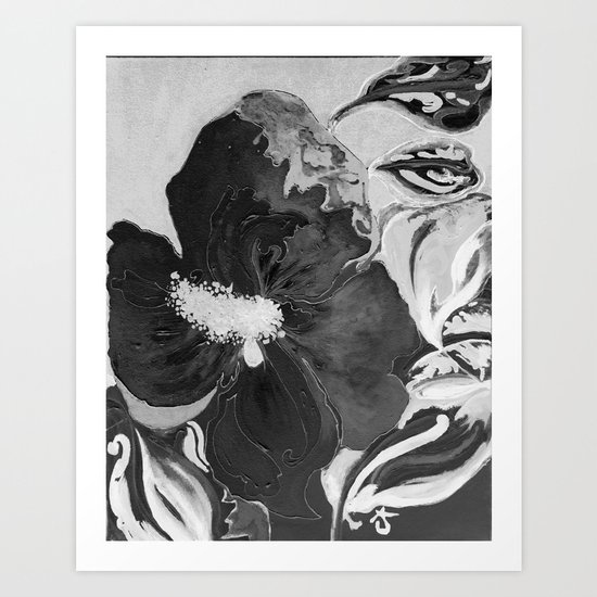 Black and White of Birthday Acrylic Blue Orange Hibiscus Flower Painting with Red and Green Leaves Art Print