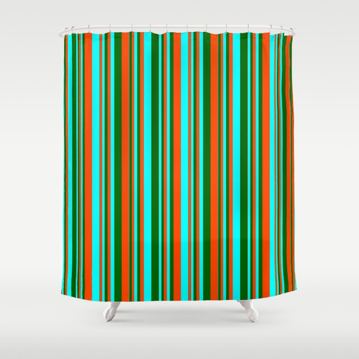 Red, Cyan, and Dark Green Colored Lined/Striped Pattern Shower Curtain