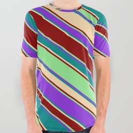 [ Thumbnail: Purple, Dark Cyan, Tan, Dark Red, and Light Green Colored Striped/Lined Pattern All Over Graphic Tee ]