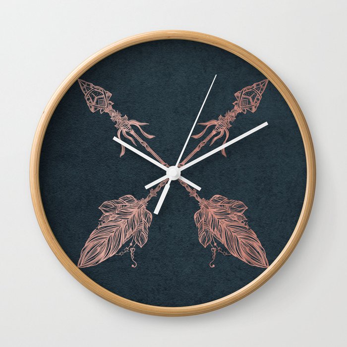 Arrows Rose Gold Foil On Navy Blue Wall Clock By Naturemagick