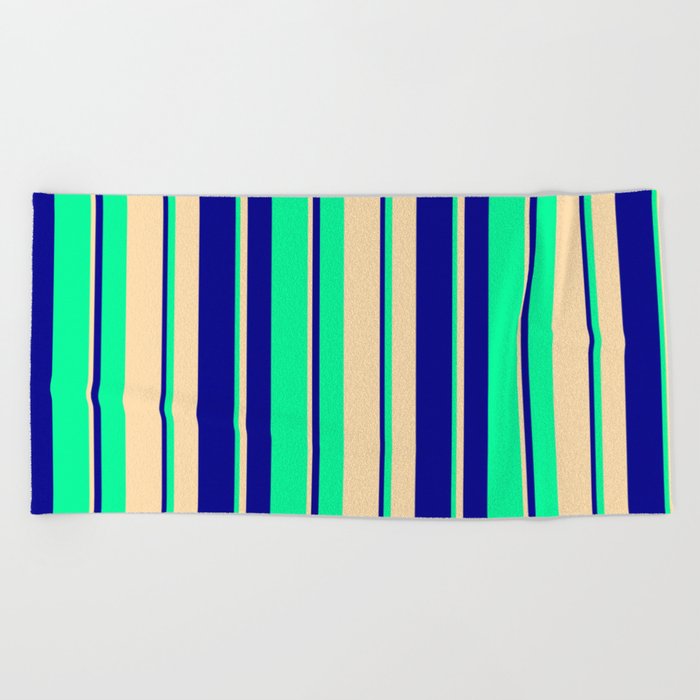 Tan, Dark Blue & Green Colored Stripes/Lines Pattern Beach Towel
