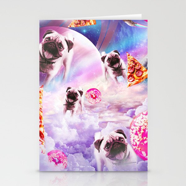 Pugs Dogs In Clouds, Pug Dog With Pizza Donut  Stationery Cards