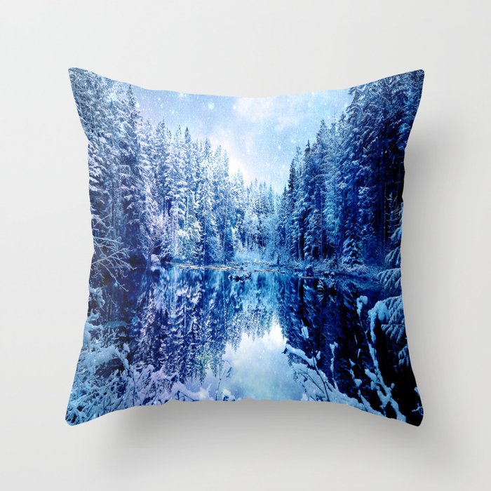 Blue Winter Wonderland : Forest Mirror Lake Throw Pillow