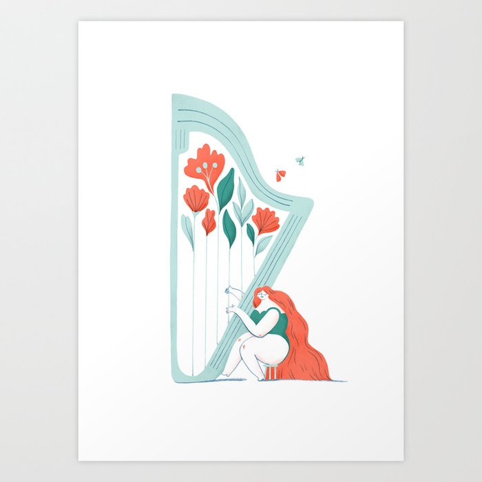Floral Melody Art Print | Drawing, Illustration, Music, Harpn, Melody, Nature, Harmony, Musician, Woman, Flower
