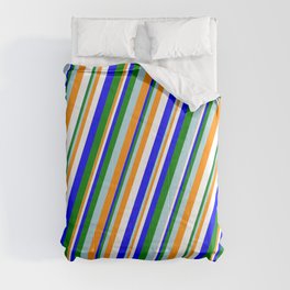 [ Thumbnail: Eye-catching Light Blue, Dark Orange, White, Blue & Green Colored Lined/Striped Pattern Comforter ]