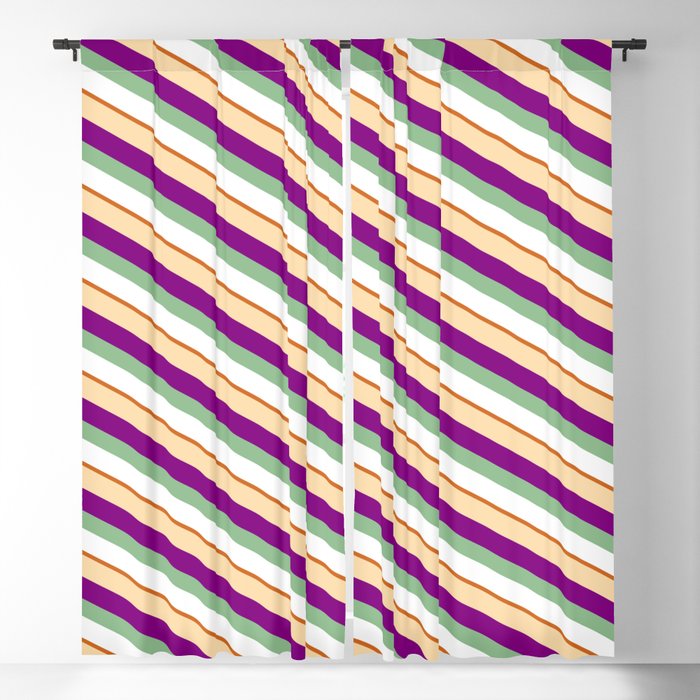 Colorful Tan, Purple, Dark Sea Green, White, and Chocolate Colored Lines/Stripes Pattern Blackout Curtain