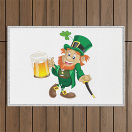 St Patrick leprechaun with cup of beer and cane Outdoor Rug
