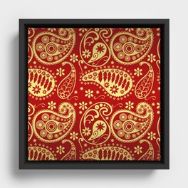 Red And Gold Bandana Paisley Christmas Pattern Framed Canvas