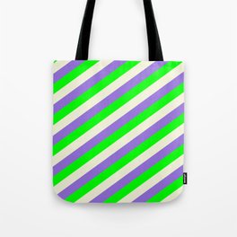 [ Thumbnail: Purple, Lime, and Beige Colored Lines/Stripes Pattern Tote Bag ]